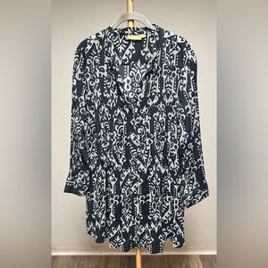 Rockflowerpaper L/XL Navy Gray Ikat Tunic Shirt Pintuck Boho
